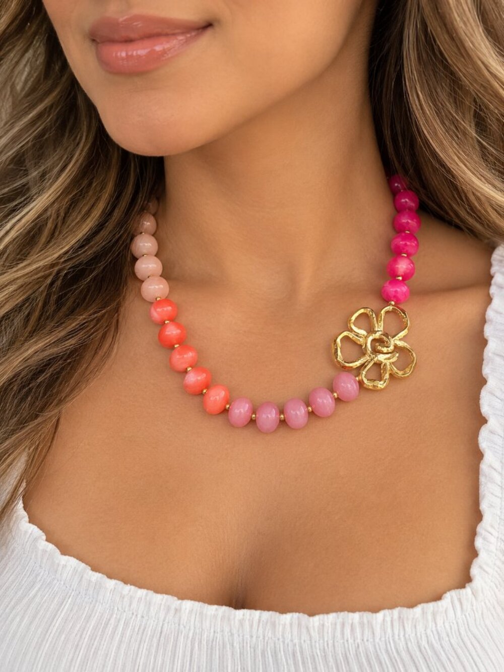 Pink Multicolor Beaded Gold Flower Statement Necklace - Picture 2 of 15